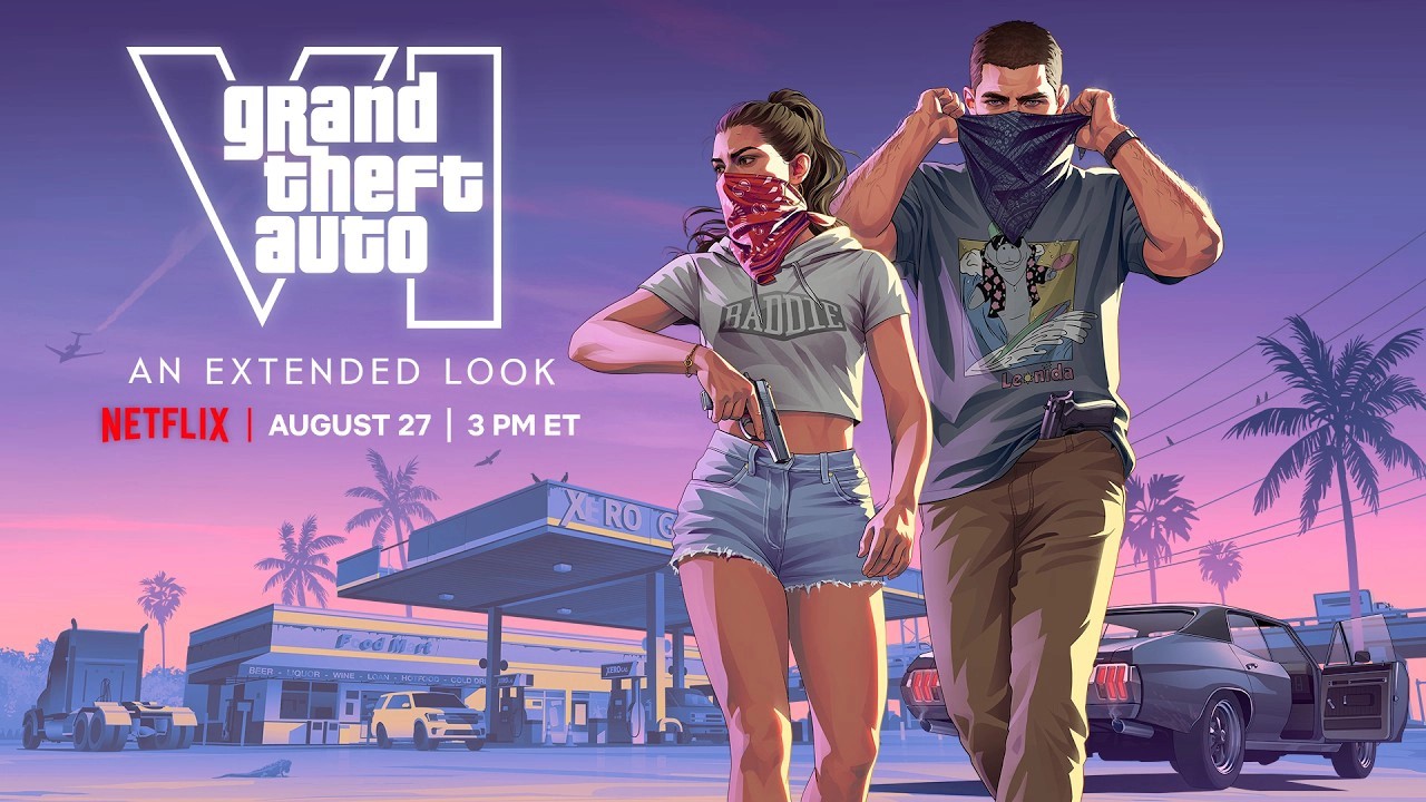 Artwork ufficiale di GTA 6 con Jason e Lucia e il logo Netflix